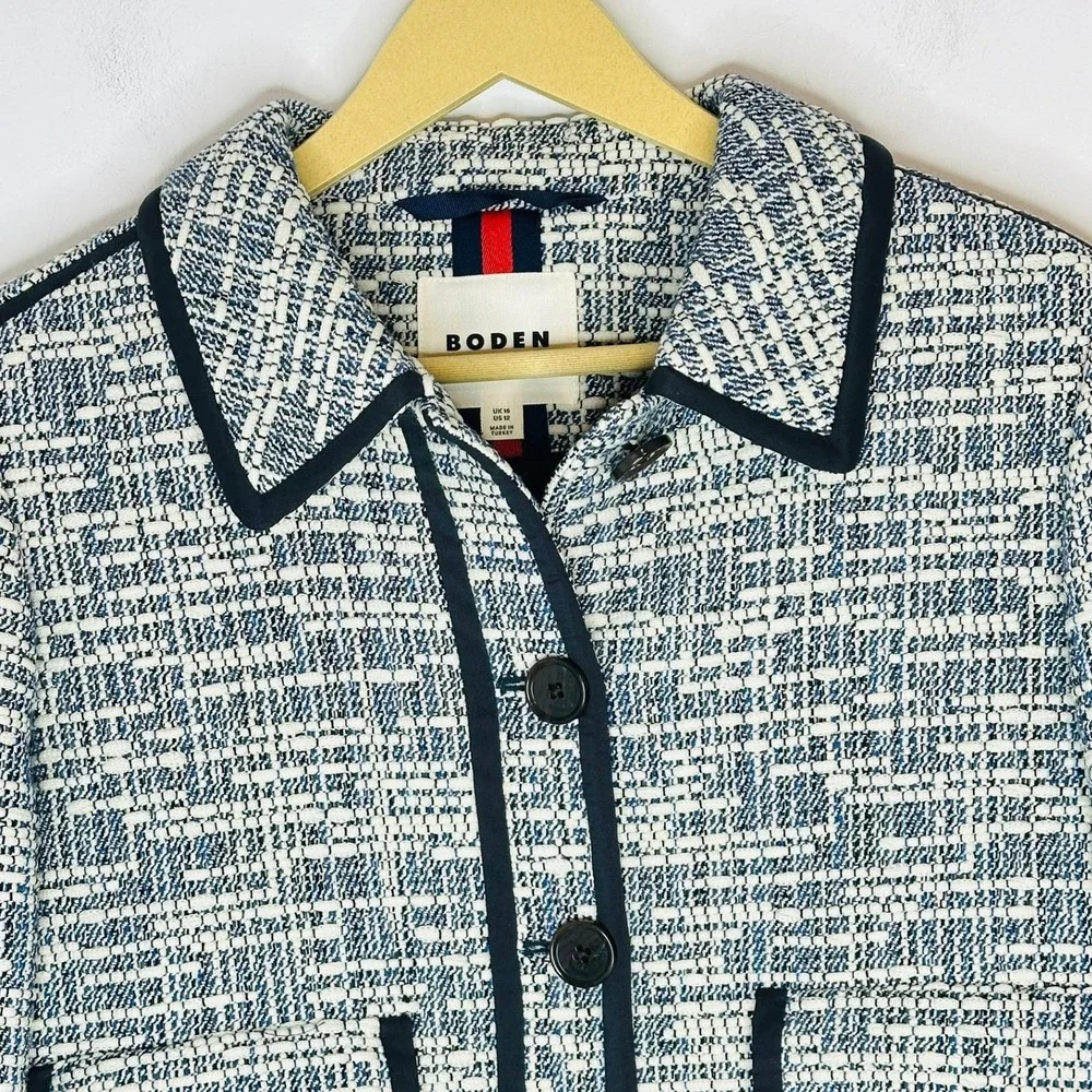 BODEN‎ Tweed Boucle Skirt Suit Set Women's US 12 Navy Cream Quiet Luxury Preppy